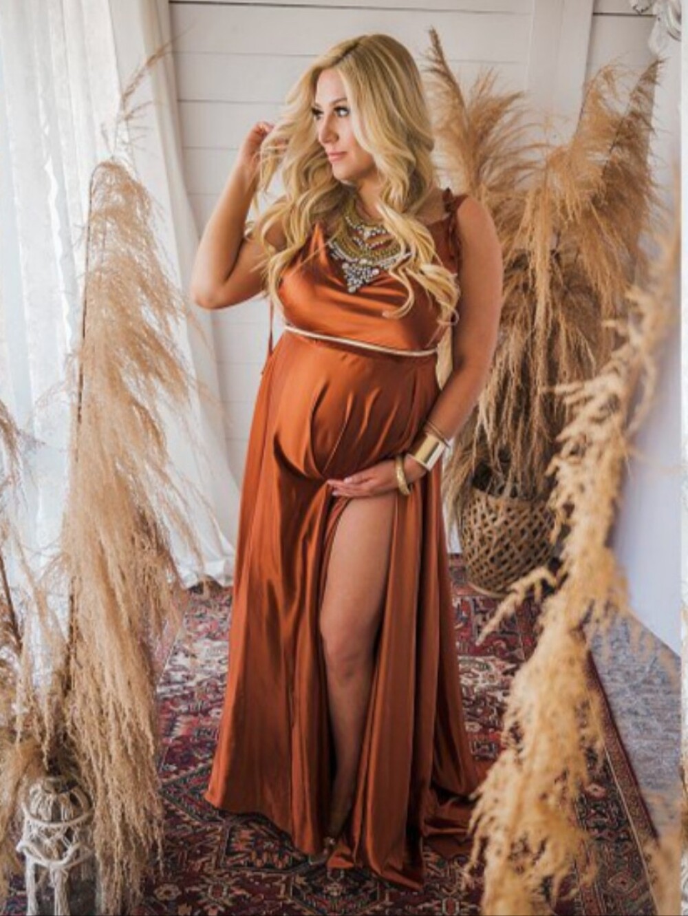 Copper Maternity Satin Maxi Dress with High Slit